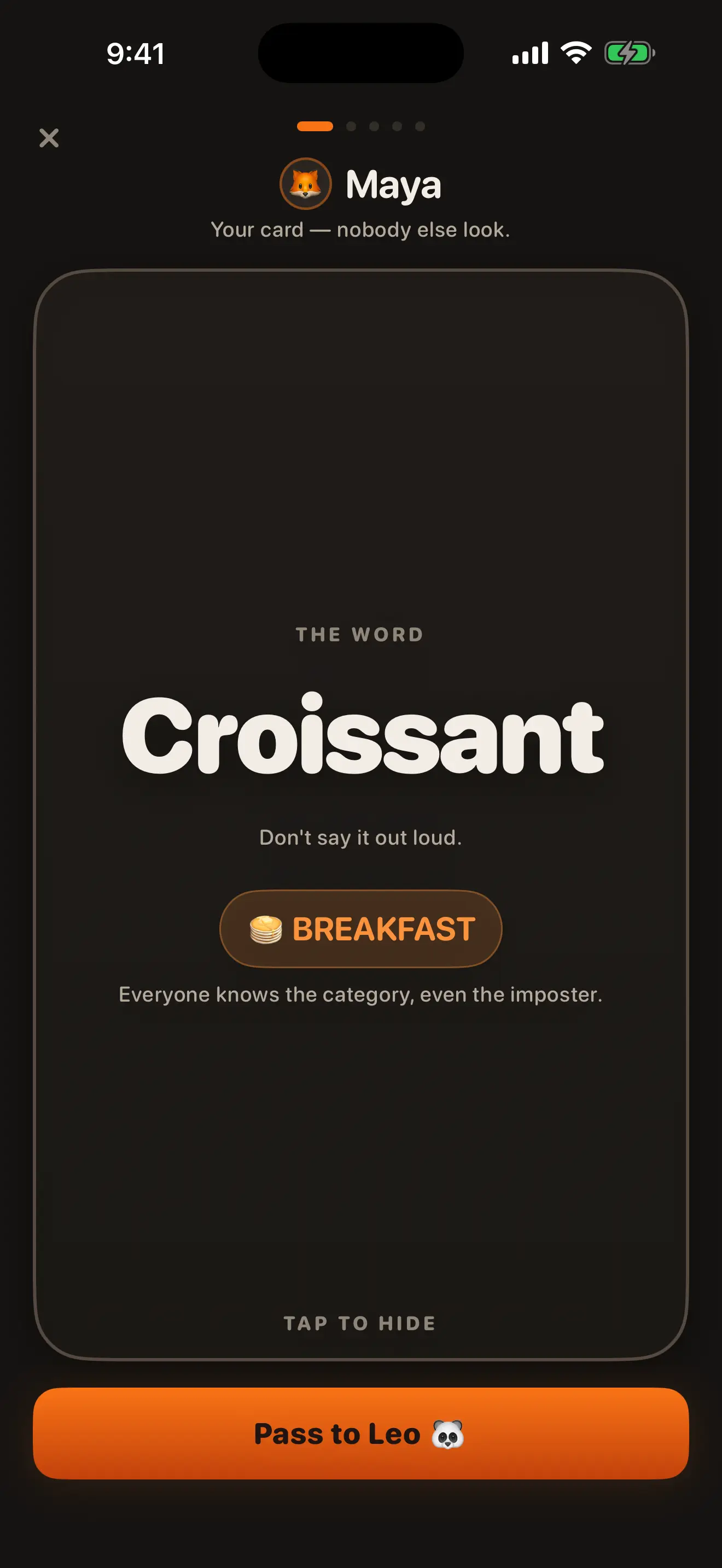 Maya's card in Imposterly: the word is Croissant, category Breakfast.