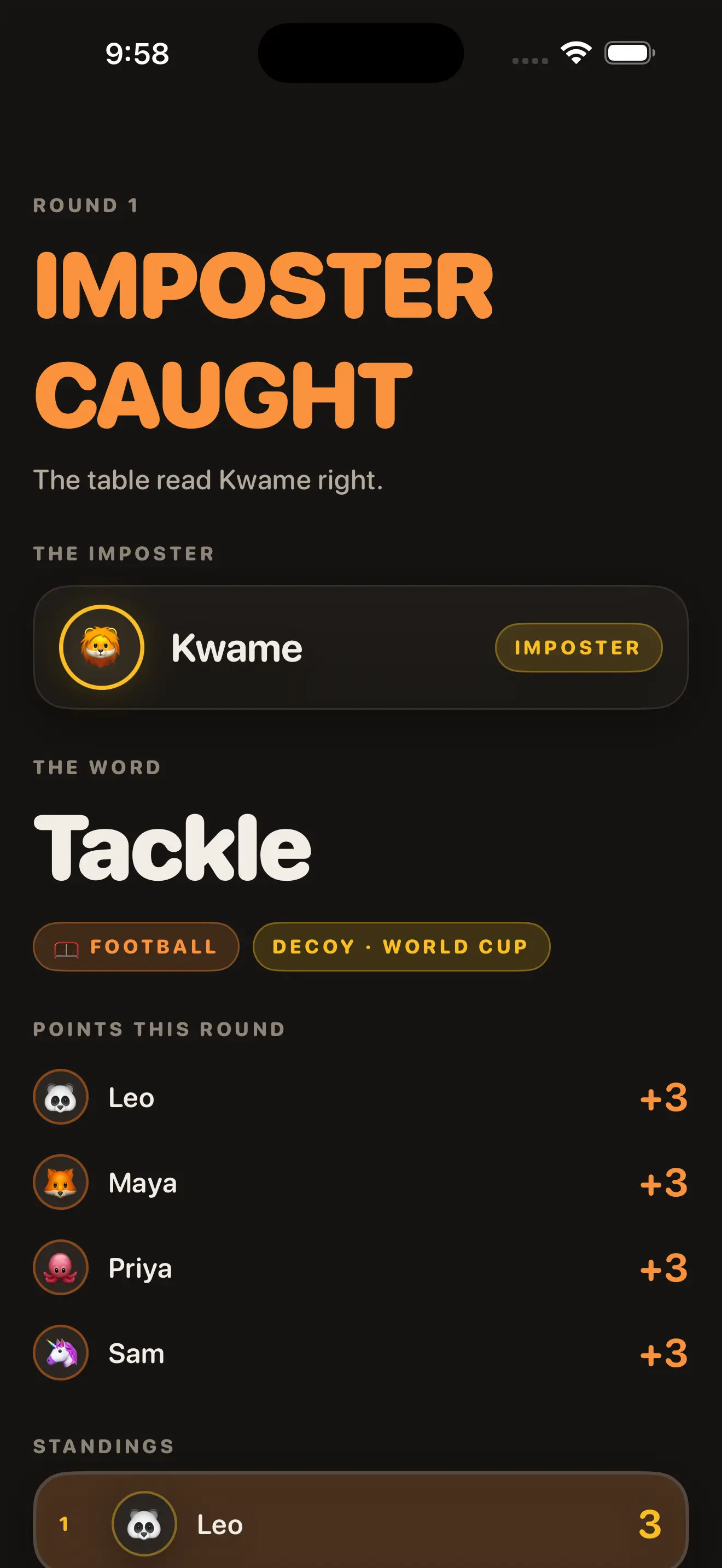 The results screen: Imposter caught, the word was Tackle.